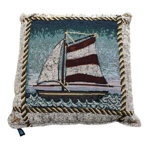 Vtg Sailboat Needlepoint Tapestry Throw Pillow